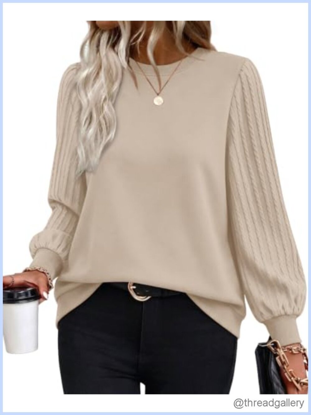 Womens Oversized Sweatshirt Cable Knit Sleeve Crewneck Loose Fit Fall Pullover